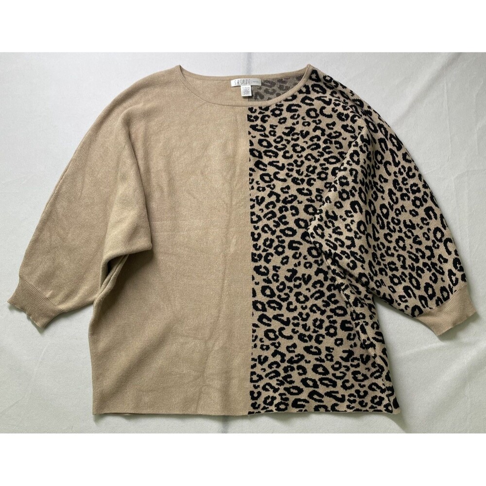 Spense Leopard Print Pullover Sweater 3/4 Sleeve Beige Black Size PL-(dmp)